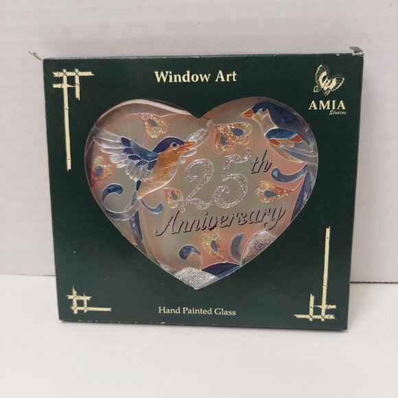 Vintage AMIA 25th Anniversary Stained Glass Sun Catcher Birds Hearts Silver Key - Picture 2 of 9